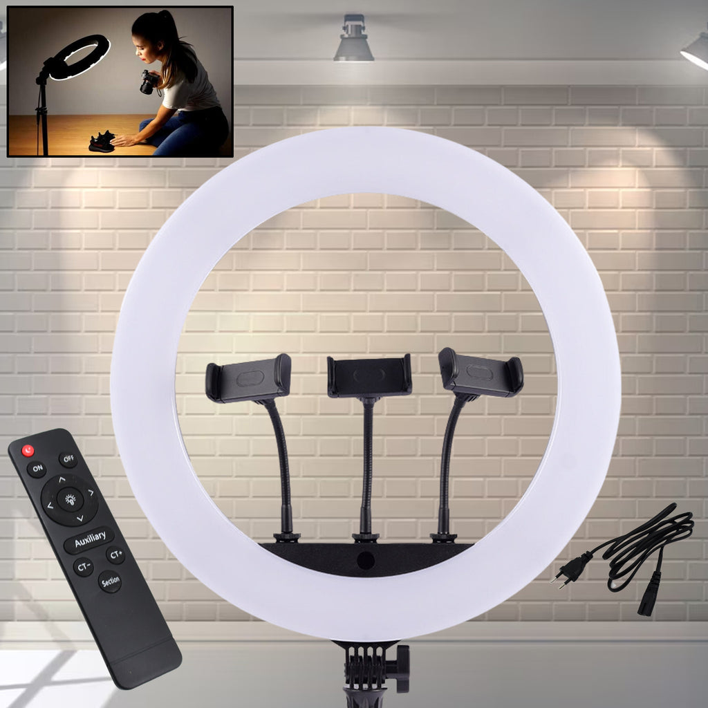 18 Inch Led Ring Light With 3 Colour Modes 3 Mobile Holders Remote Control (1 Set)