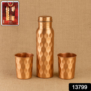 Diamond Cut Copper Water Bottle 2 Glasses With Gift Box (3 Pcs Set)